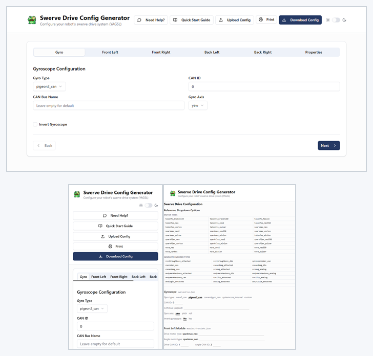 The YAGSL config generator three ways. On a desktop: the Gyro tab of the form, with Need Help, Quick Start Guide, Upload Config, Print and Download Config buttons. On a phone: the same form in one column with every button stacked. Printed: every tab on paper, with the dropdown options listed and blank lines to write each value on.